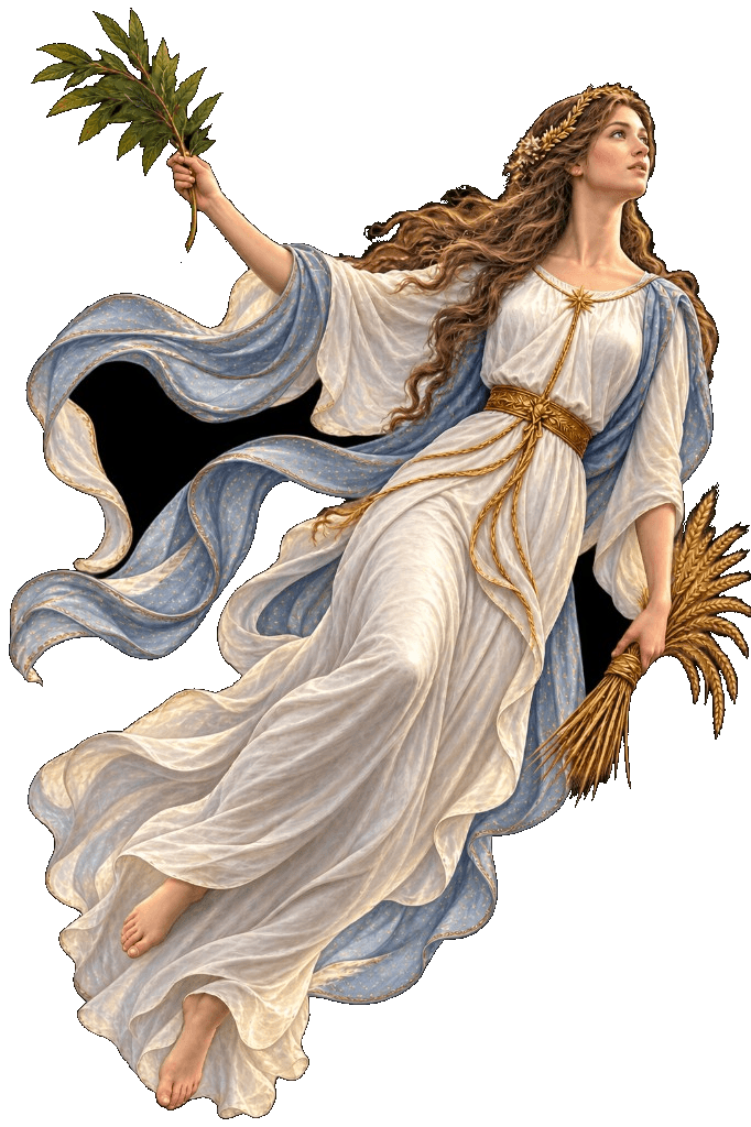 Virgo as a woman holding a leafy branch and a sheaf of grain